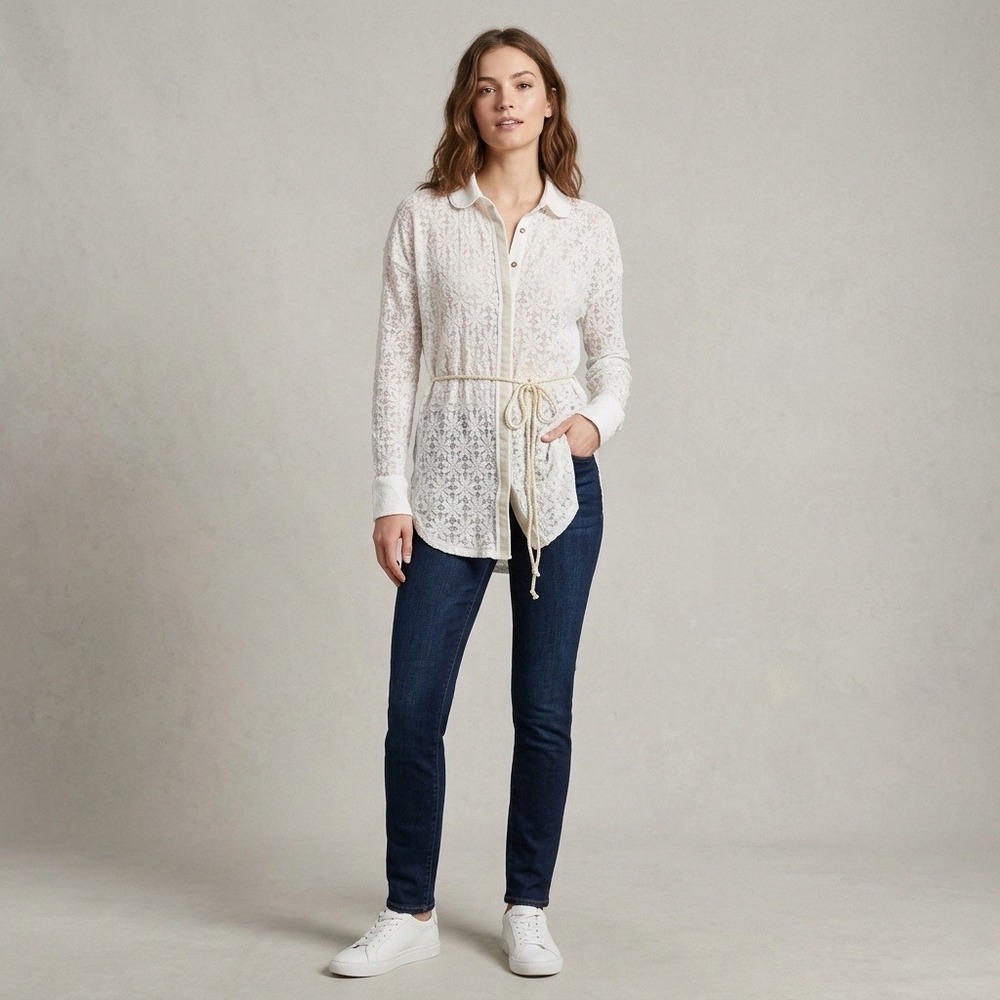 Free People Lace Button Down Women XS Ivory New Floral Boho Tie Waist Shirt